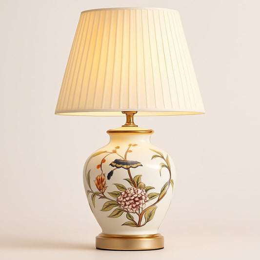 Lampe de chevet céramique à motifs floraux et oiseau