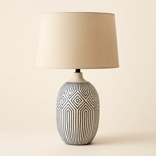 Lampe de Chevet en Porcelaine – Motif Géométrique Noir et Blanc