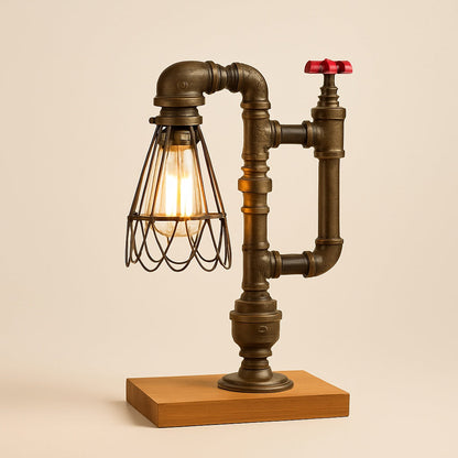 Lampe de Chevet Industrielle en Fer Forgé et Bois