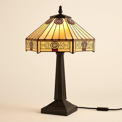 Lampe Tiffany Vitrail Géométrique Dorée – Pied Métal Noir