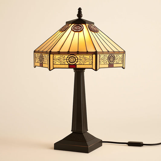 Lampe Tiffany Vitrail Géométrique Dorée – Pied Métal Noir