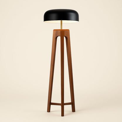 Lampadaire en Bois Massif et Abat-jour Métallique Noir