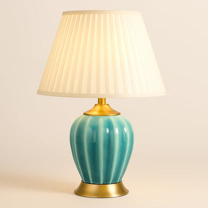 Lampe de Chevet Céramique Bleue et Dorée avec Abat-Jour