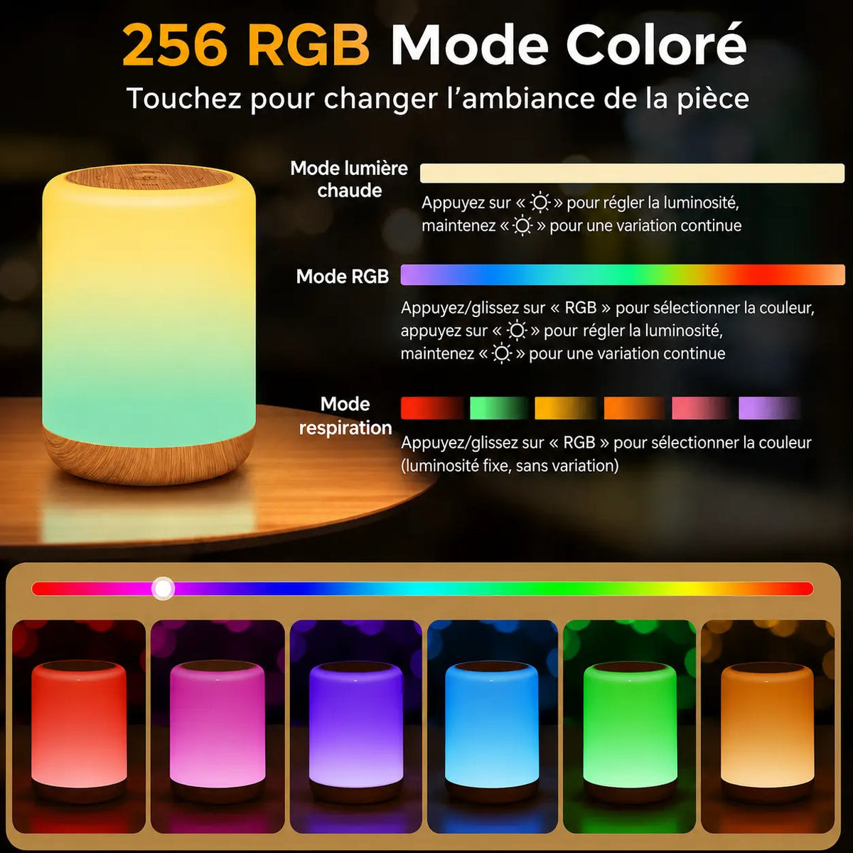 Veilleuse LED Tactile Rechargeable – Lampe de Chevet Blanc Chaud et RGB