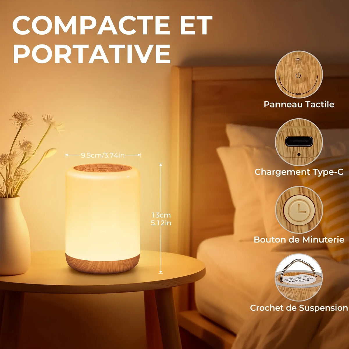 Veilleuse LED Tactile Rechargeable – Lampe de Chevet Blanc Chaud et RGB